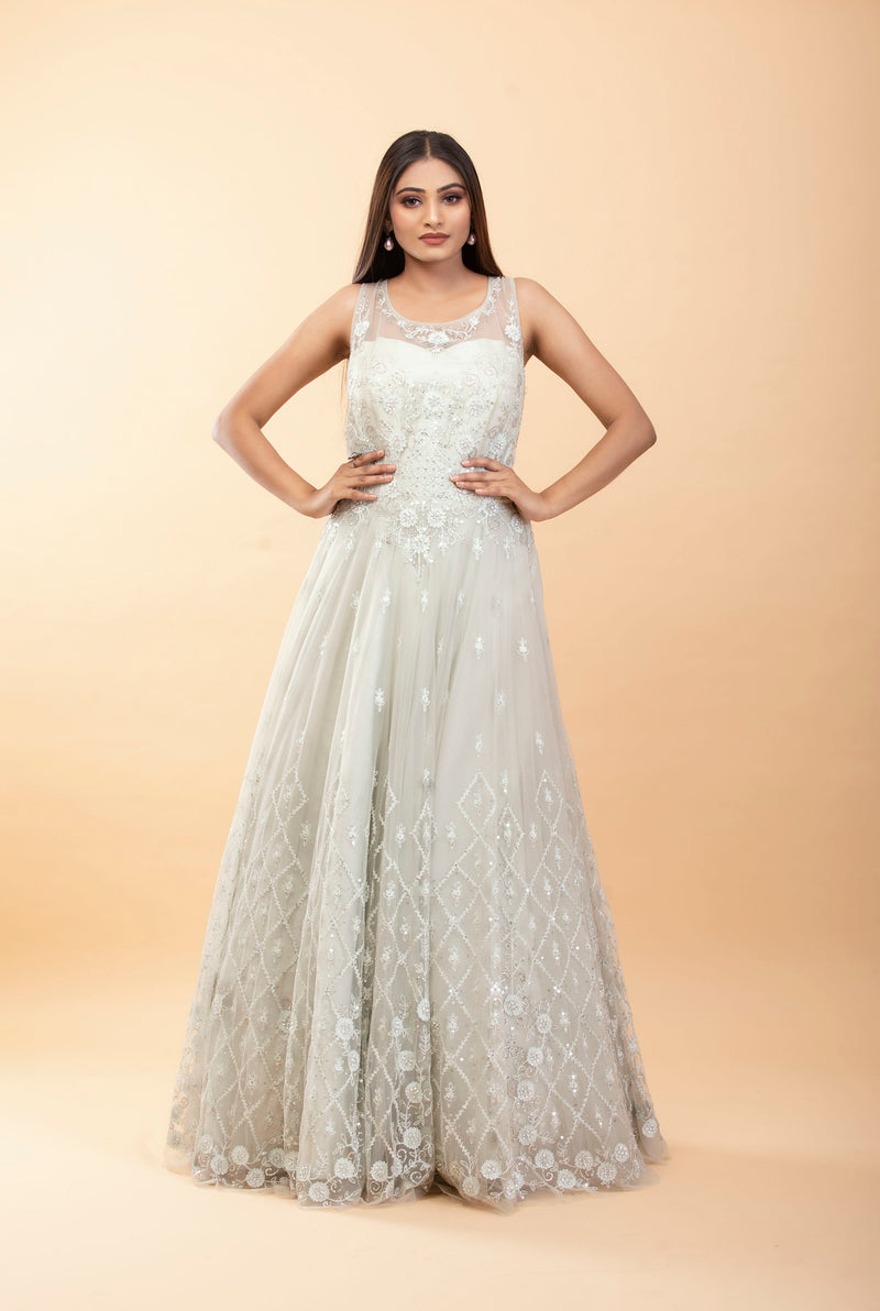 Multi Color Net Fabric Gown with Mirror Work & Embroidery by Shreekama